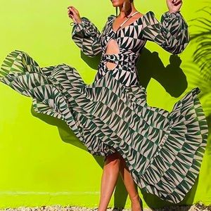 Long Puff Sleeve Backless Tropical Maxi Dress
